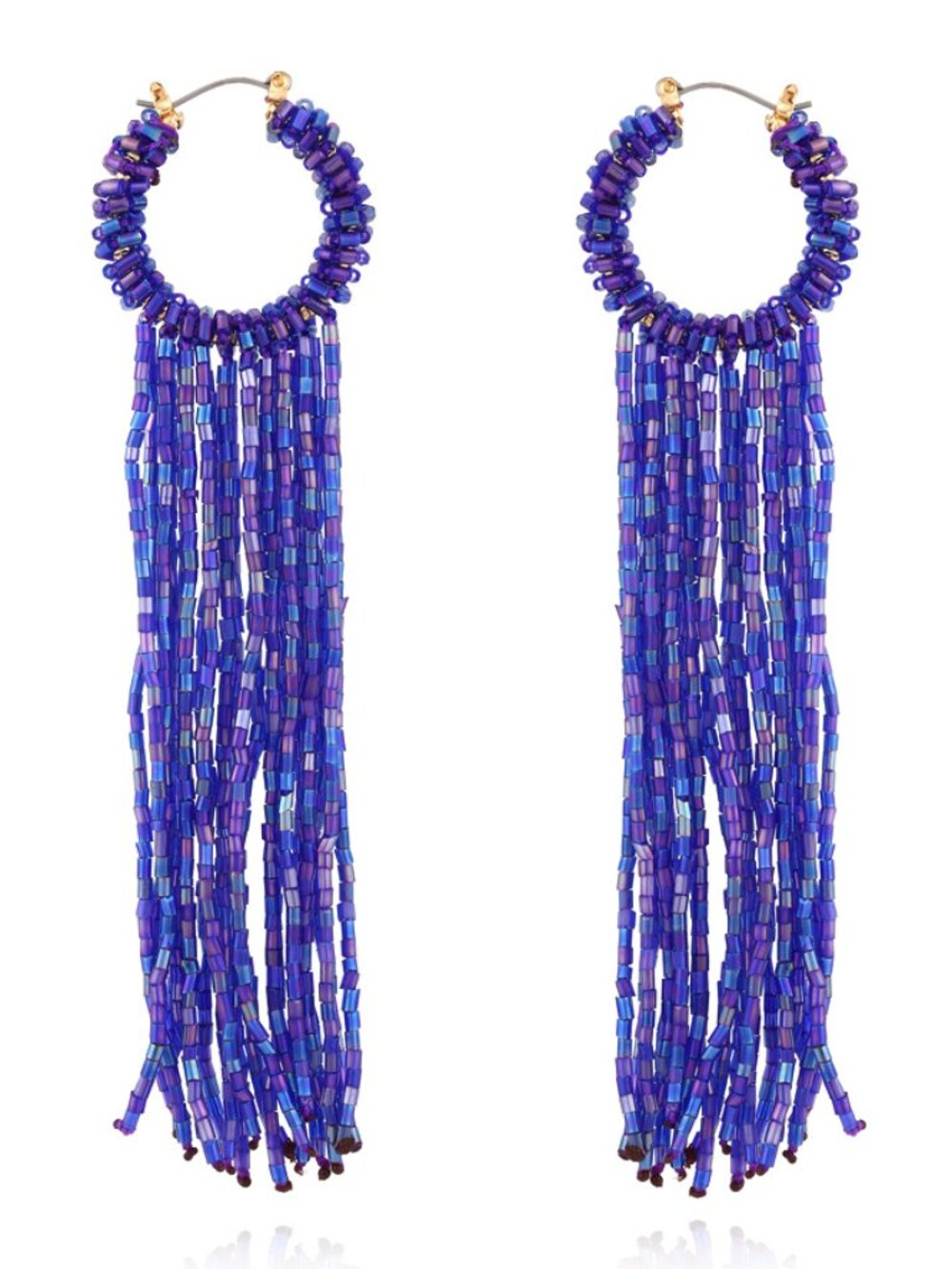 Zara Blue Beaded Fringe Statement Earrings Long Tassel Resort Vacation Night Out